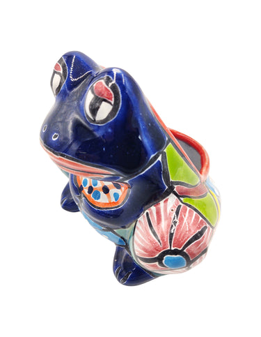 Mexican Talavera Small Squatting Frog Planter Pot Hand Painted - Dark Blue Frog